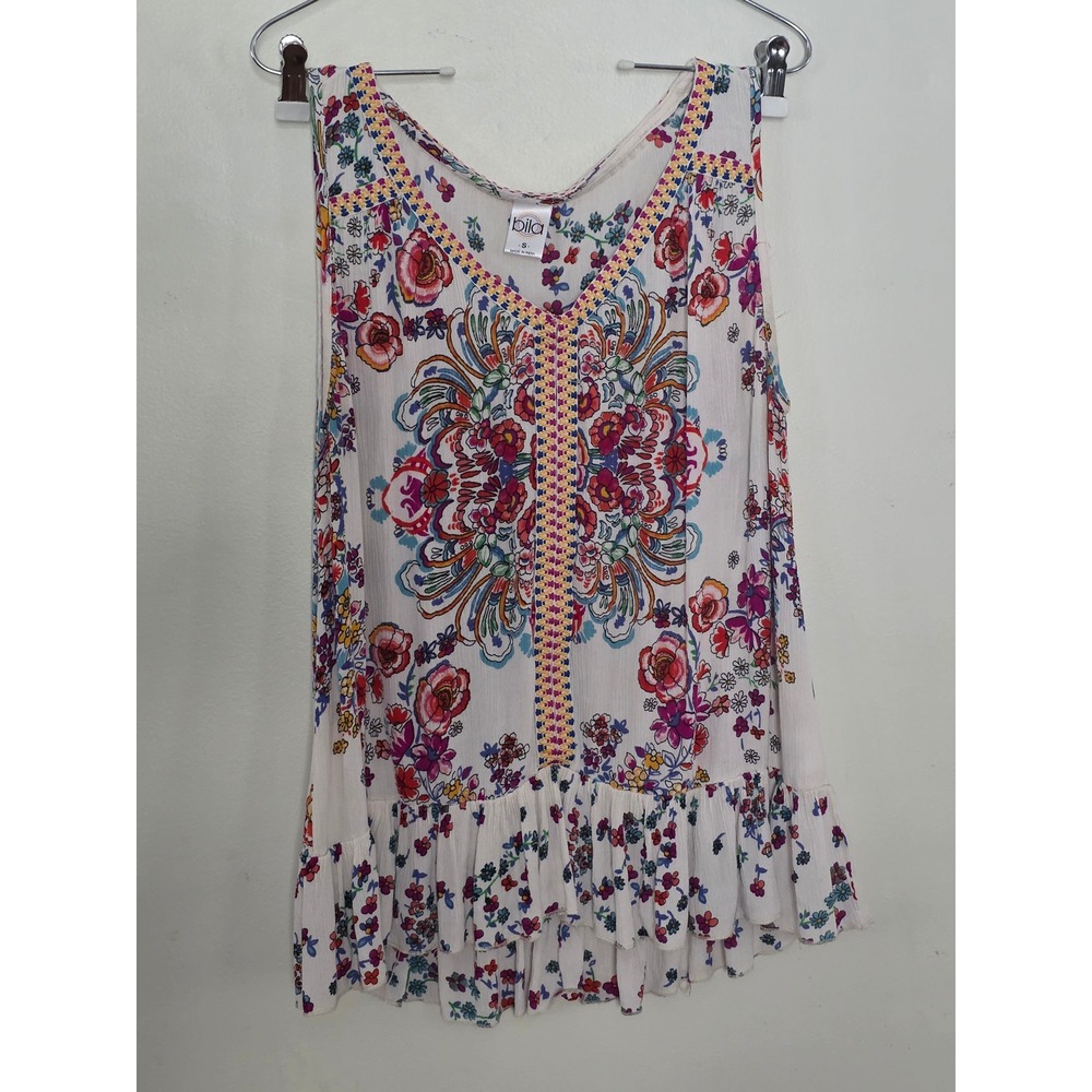Bila Womens Floral Mandala Sleeveless Tunic Top White Boho Ruffle Hem Small